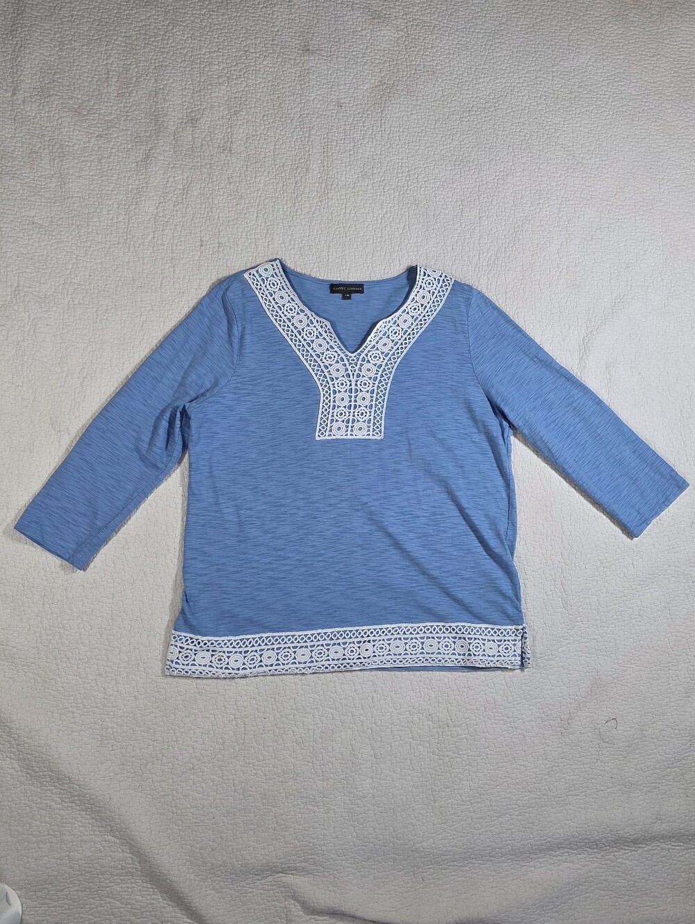 Classic Edition Blue Embroidered Lace Trim 3/4 sleeve V-neck top